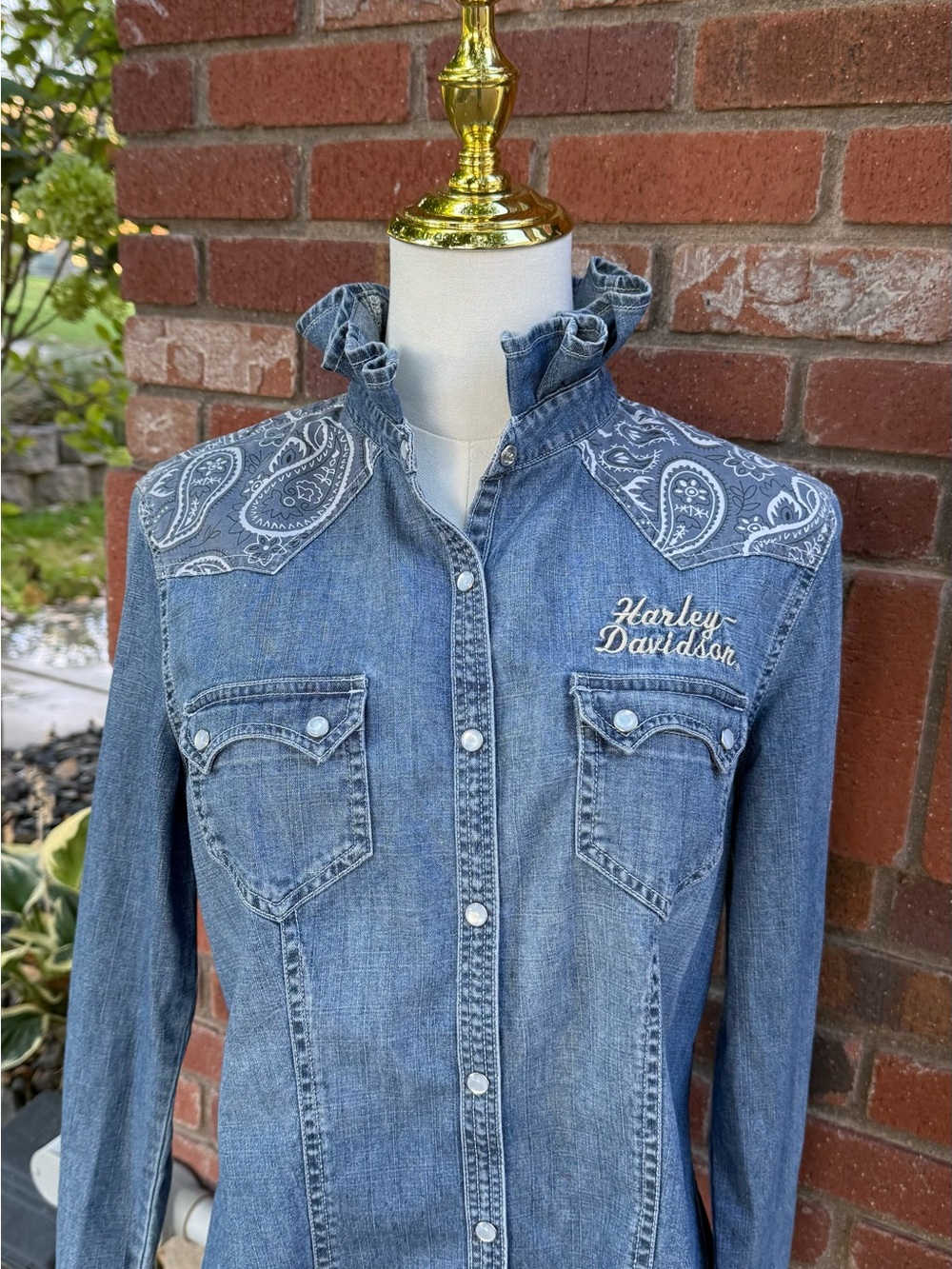 Harley-Davidson Blue Denim Ruffle Collar Western Shirt